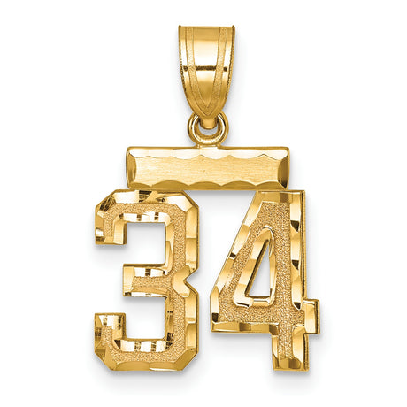 14k Yellow Gold Number 34 Pendant, Textured and Polished Jersey Style Charm for Men or Unisex