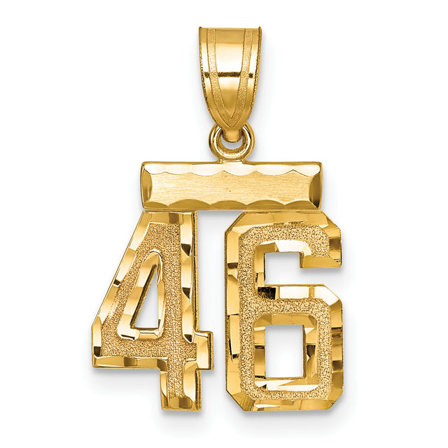 Small Brushed Diamond-cut Number 46 Charm Pendant in Real 14k Yellow Gold