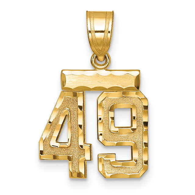 Small Brushed Diamond-cut Number 49 Charm Pendant in Real 14k Yellow Gold