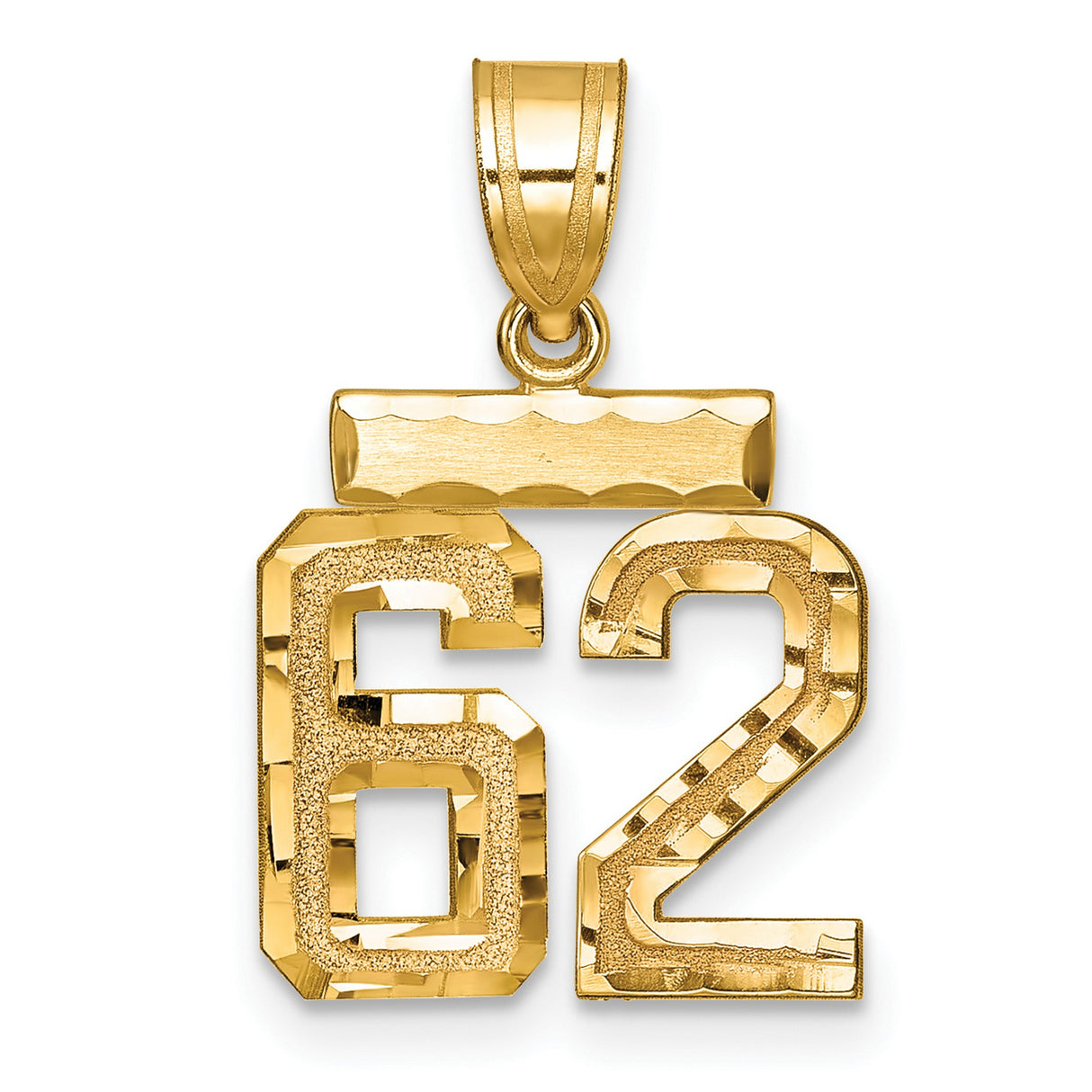 Small Brushed Diamond-cut Number 62 Charm Pendant in Real 14k Yellow Gold