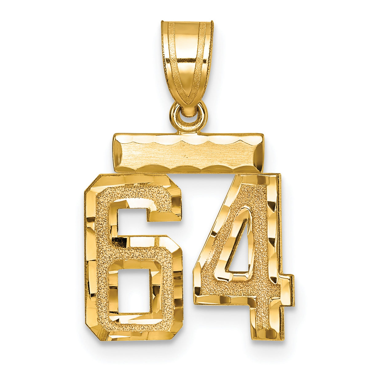 Small Brushed Diamond-cut Number 64 Charm Pendant in Real 14k Yellow Gold
