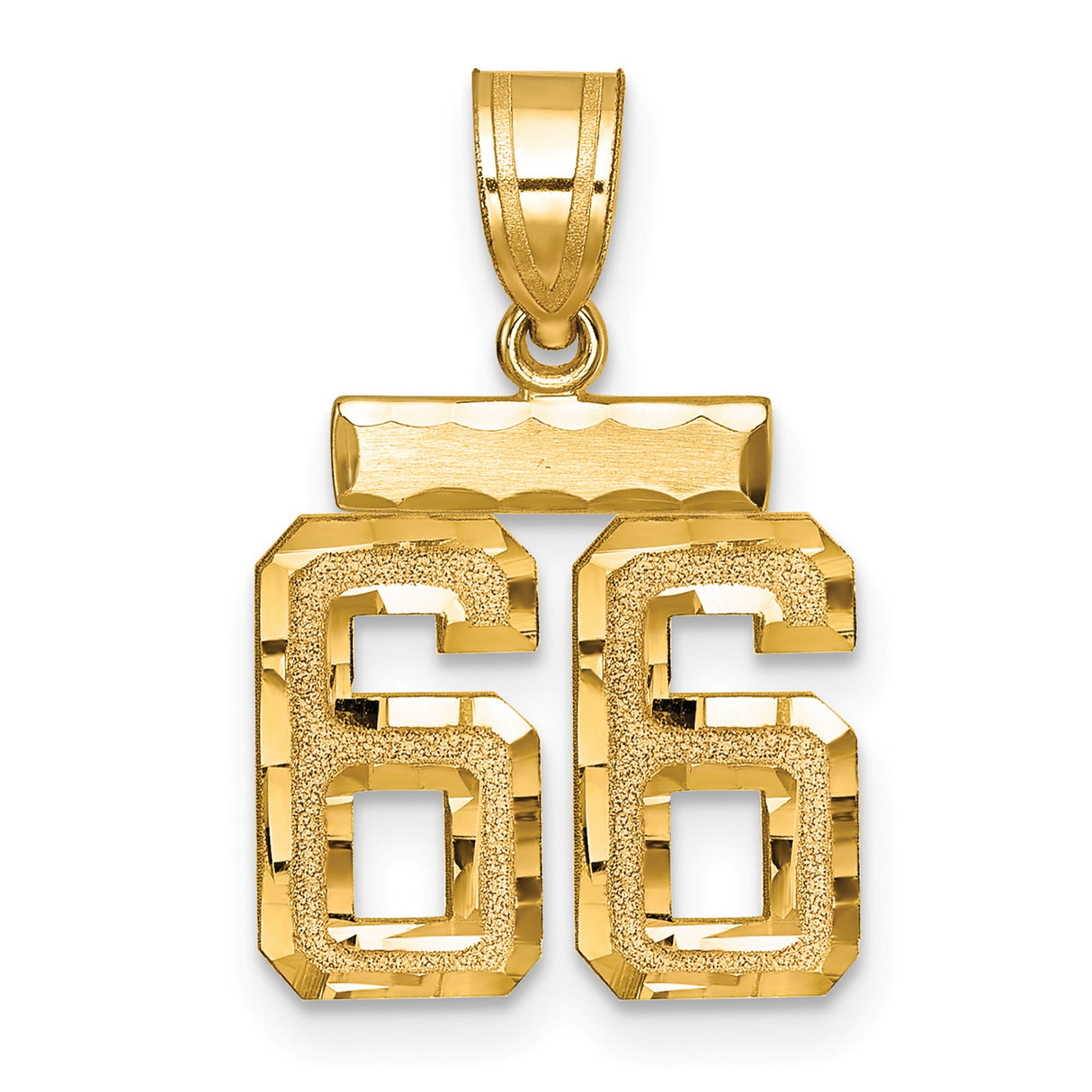Small Brushed Diamond-cut Number 66 Charm Pendant in Real 14k Yellow Gold