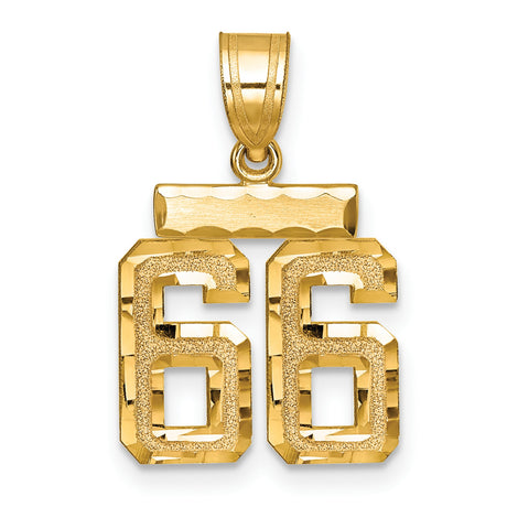Small Brushed Diamond-cut Number 66 Charm Pendant in Real 14k Yellow Gold