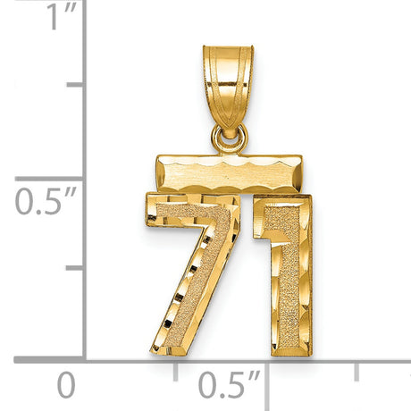 Small Brushed Diamond-cut Number 71 Charm Pendant in Real 14k Yellow Gold