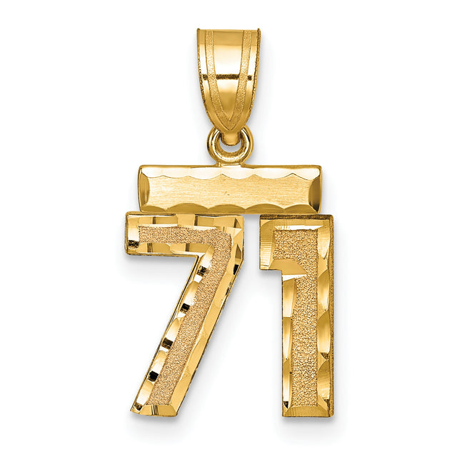 Small Brushed Diamond-cut Number 71 Charm Pendant in Real 14k Yellow Gold