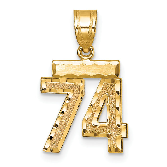Small Brushed Diamond-cut Number 74 Charm Pendant in Real 14k Yellow Gold