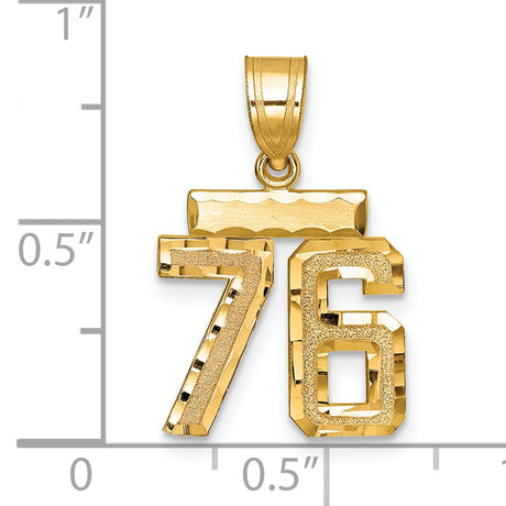 Small Brushed Diamond-cut Number 76 Charm Pendant in Real 14k Yellow Gold