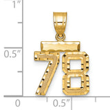 Small Brushed Diamond-cut Number 78 Charm Pendant in Real 14k Yellow Gold