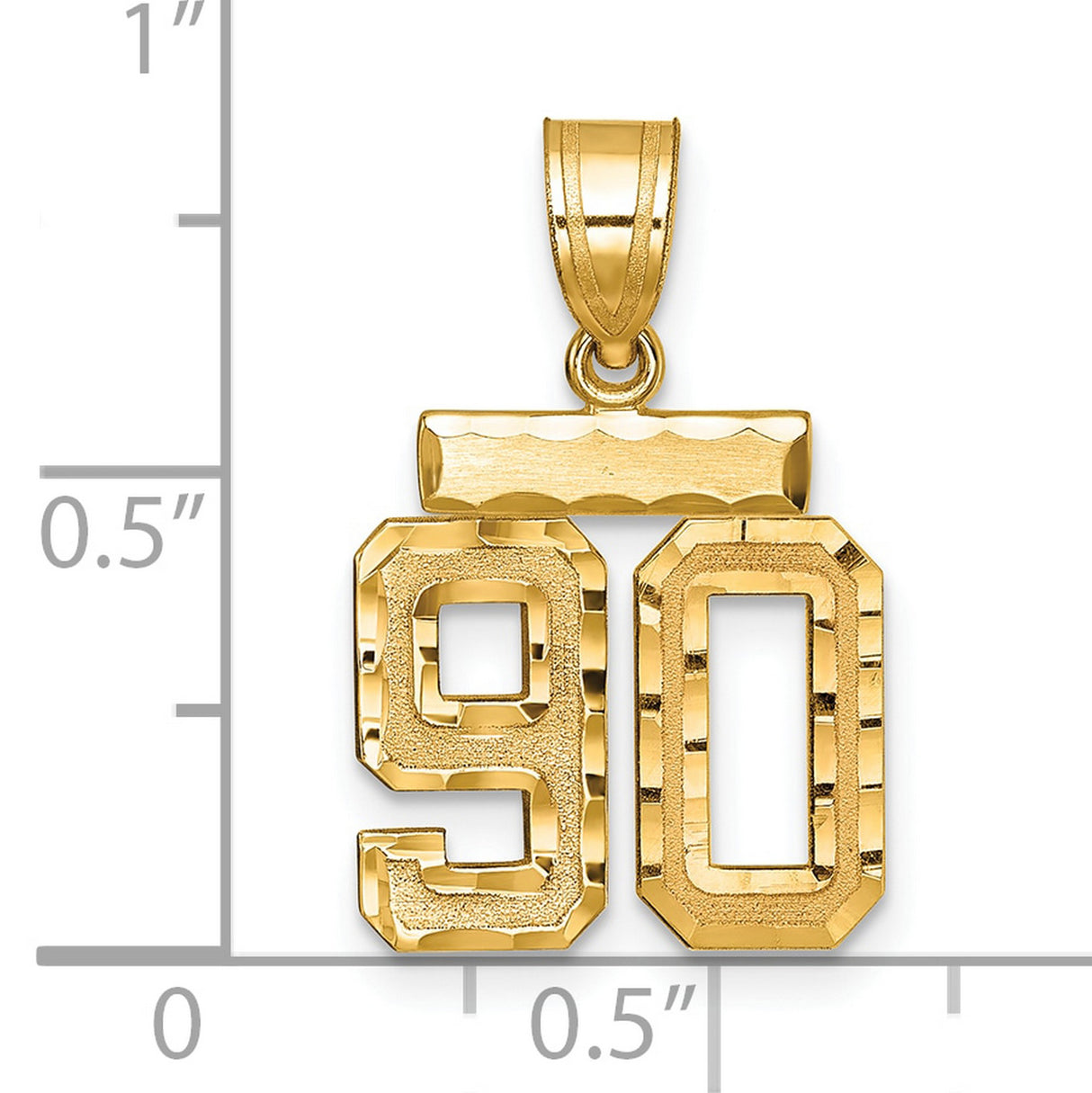 Small Brushed Diamond-cut Number 90 Charm Pendant in Real 14k Yellow Gold