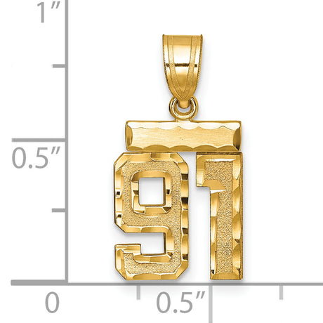 Small Brushed Diamond-cut Number 91 Charm Pendant in Real 14k Yellow Gold