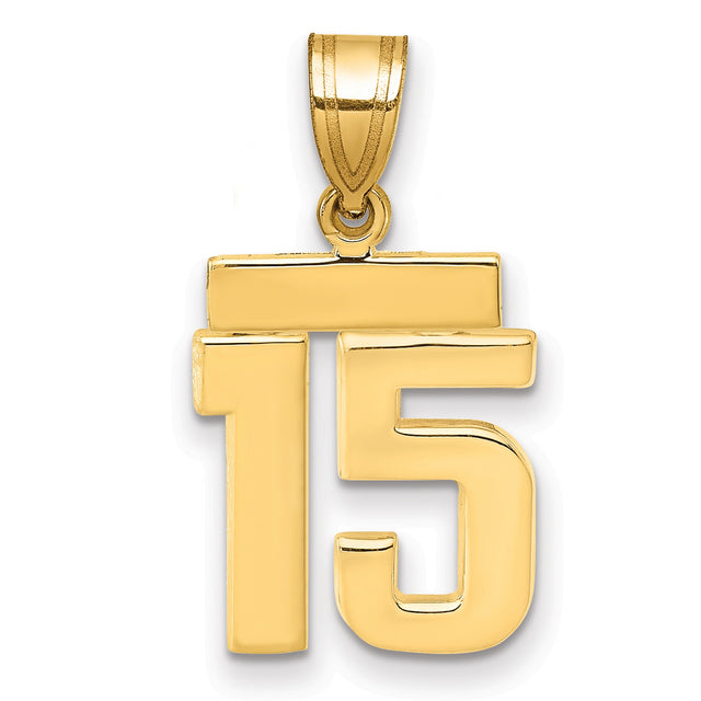Small Polished Number 15 Charm Pendant in Real 14k Yellow Gold