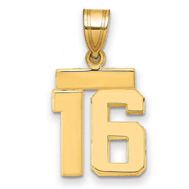 14k Yellow Gold Number 16 Pendant, Bold Block Design Unisex Charm