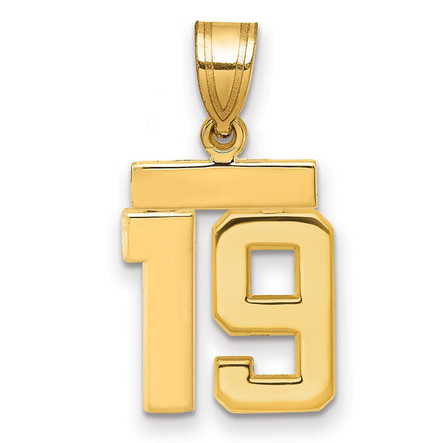Small Polished Number 19 Charm Pendant in Real 14k Yellow Gold