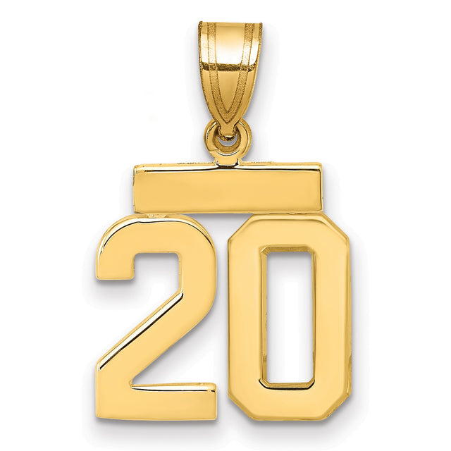 14k Yellow Gold Number 20 Pendant, Polished Block Numeric Charm