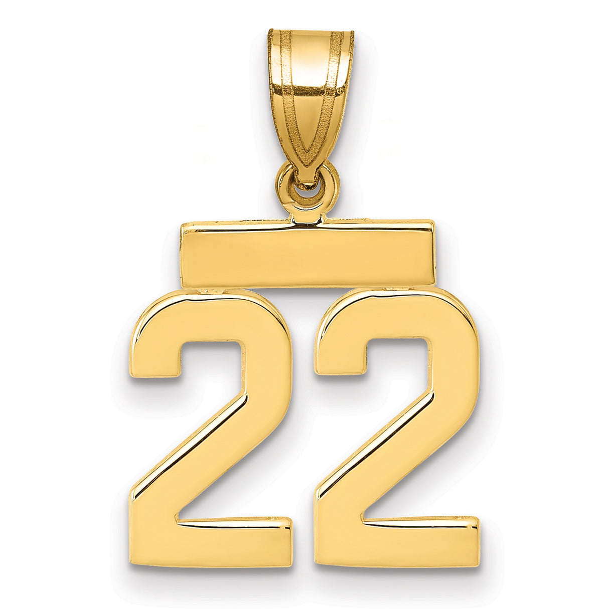 14k Yellow Gold Number 22 Pendant, Block Numerals with Bar Top, Sports or Hip Hop Style Jewelry