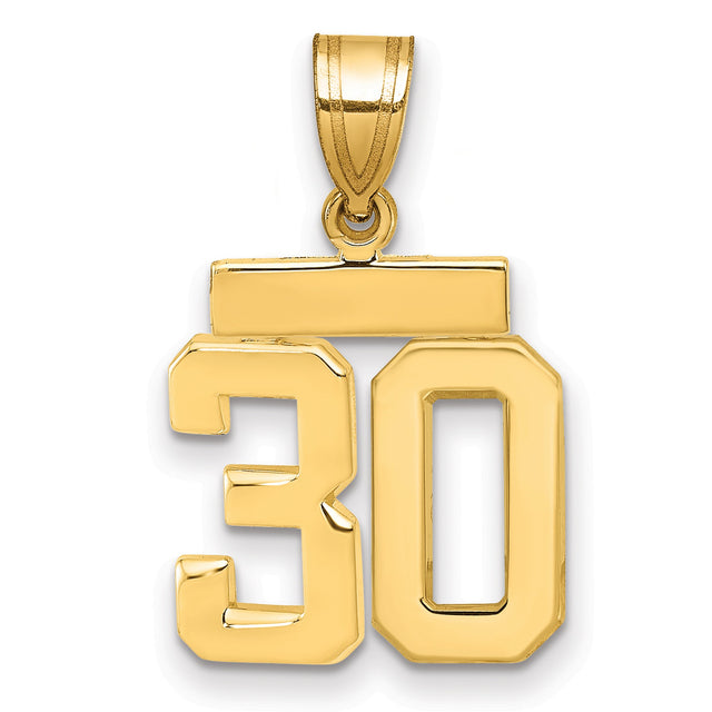 14k Yellow Gold Number 30 Pendant, Bold Block Style, High Polish Finish, Unisex Charm