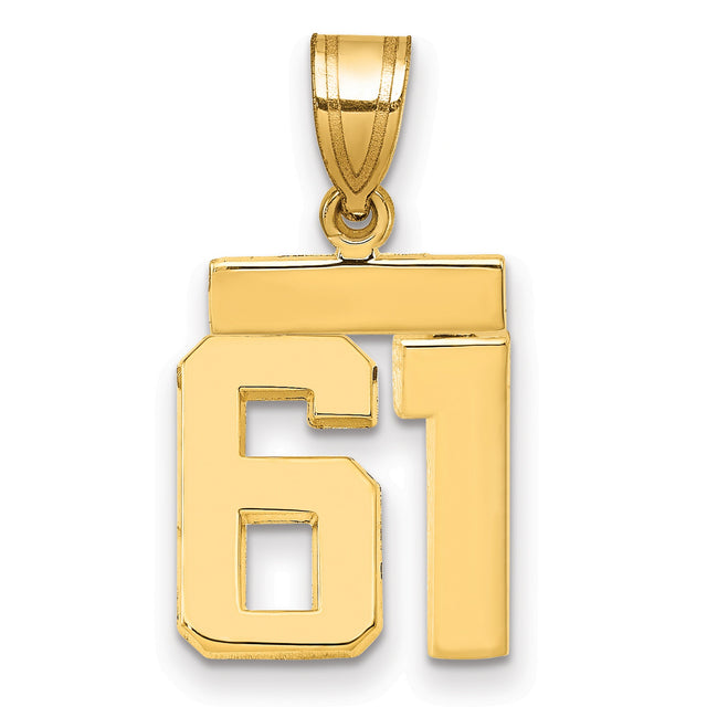 Small Polished Number 61 Charm Pendant in Real 14k Yellow Gold