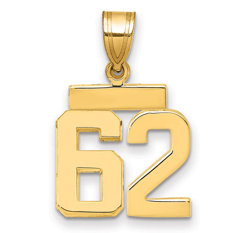 Small Polished Number 62 Charm Pendant in Real 14k Yellow Gold