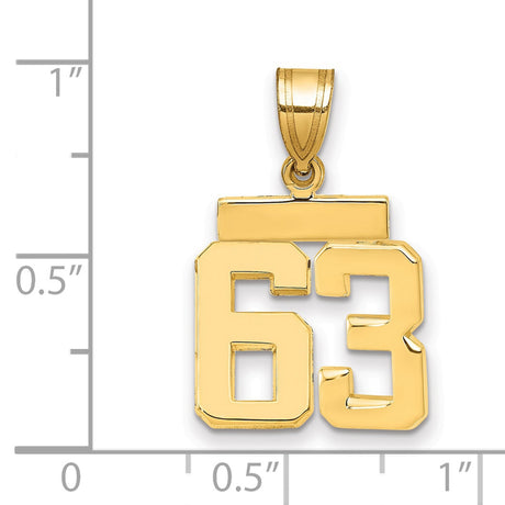 Small Polished Number 63 Charm Pendant in Real 14k Yellow Gold