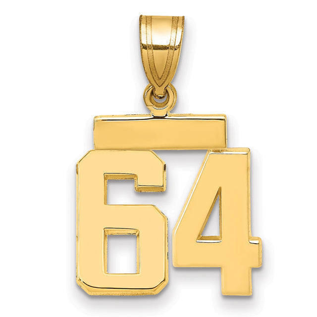 Small Polished Number 64 Charm Pendant in Real 14k Yellow Gold