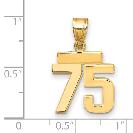 Small Polished Number 75 Charm Pendant in Real 14k Yellow Gold