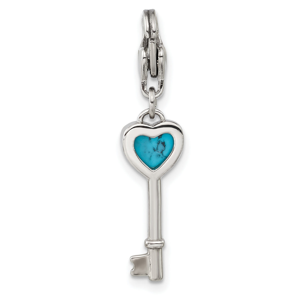 Polished Imitation Turquoise Heart Key Lobster Clasp C Charm Pendant in Real 316 Stainless Steel