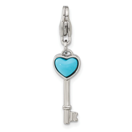 Polished Imitation Turquoise Heart Key Lobster Clasp C Charm Pendant in Real 316 Stainless Steel