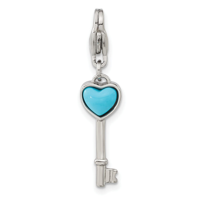 Polished Imitation Turquoise Heart Key Lobster Clasp C Charm Pendant in Real 316 Stainless Steel