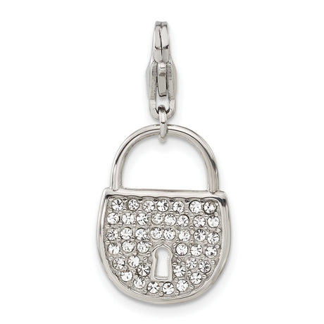 Polished and Crystal Lock Lobster Clasp Charm Pendant in Real 316 Stainless Steel