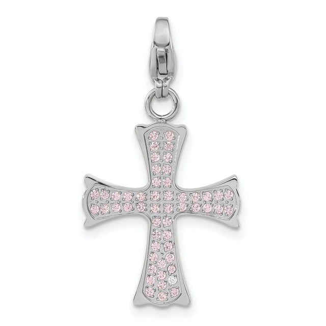 Polished Pink CZ Cross Lobster Clasp Charm Pendant in 316 Stainless Steel