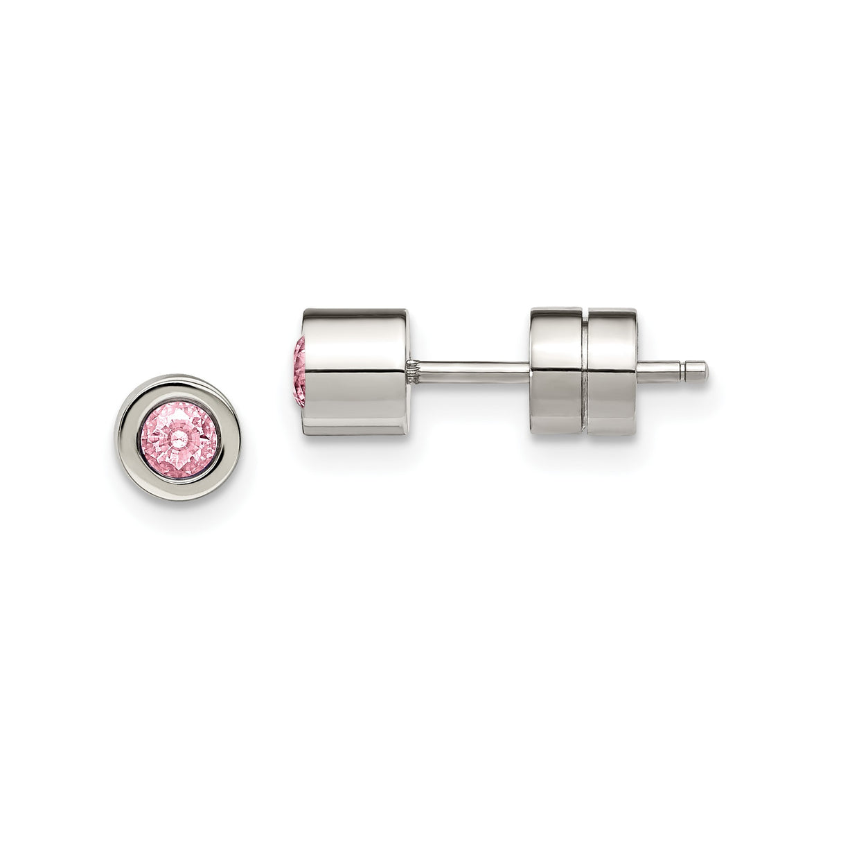 316 Stainless Steel Stud Earrings with Pink Cubic Zirconia, Bezel Set, Hypoallergenic for Women