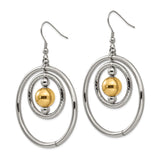 Stainless Steel Dangle Earrings, Double Hoop with Textured Ring and Gold Bead, Drop Style