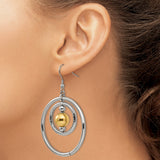 Stainless Steel Dangle Earrings, Double Hoop with Textured Ring and Gold Bead, Drop Style