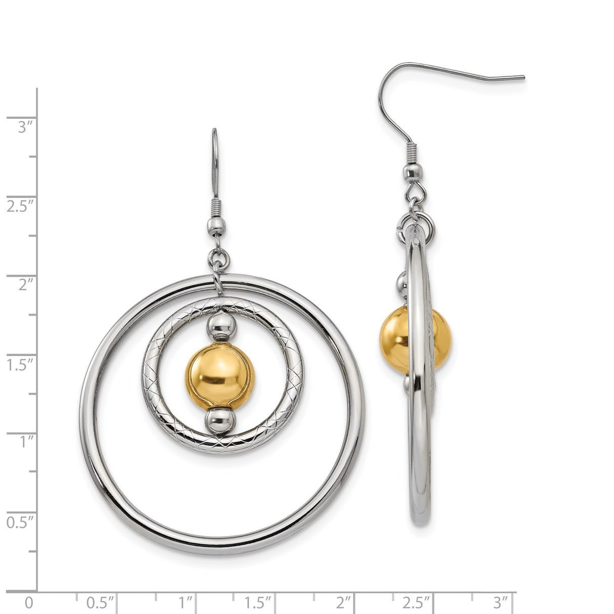 Stainless Steel Dangle Earrings, Double Hoop with Textured Ring and Gold Bead, Drop Style