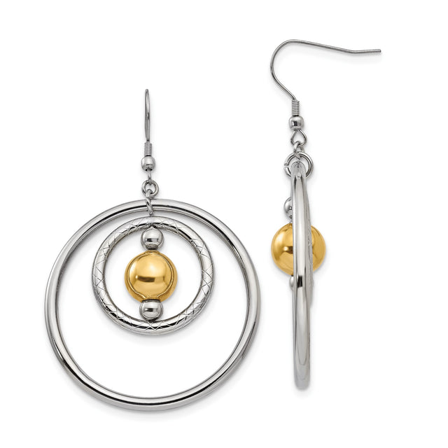 Stainless Steel Dangle Earrings, Double Hoop with Textured Ring and Gold Bead, Drop Style