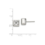 Stainless Steel Stud Earrings with Square Cut Cubic Zirconia, Bezel Set, Hypoallergenic Unisex Design