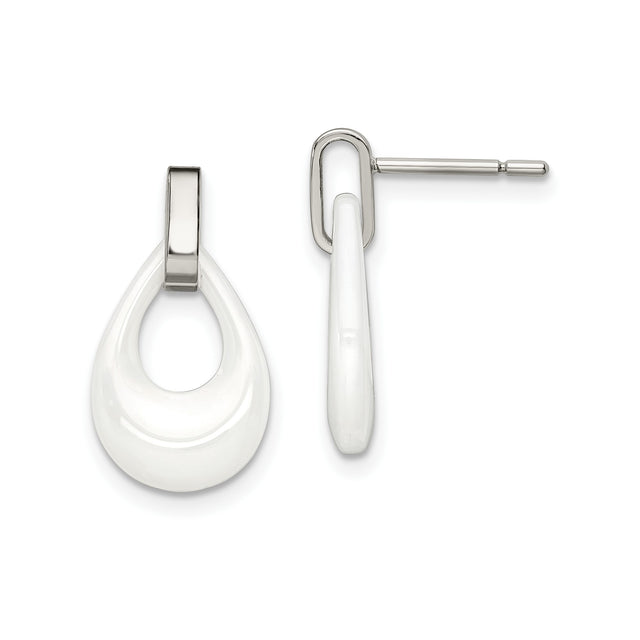 Stainless Steel Drop Earrings, White Teardrop Design with Polished Minimalist Style