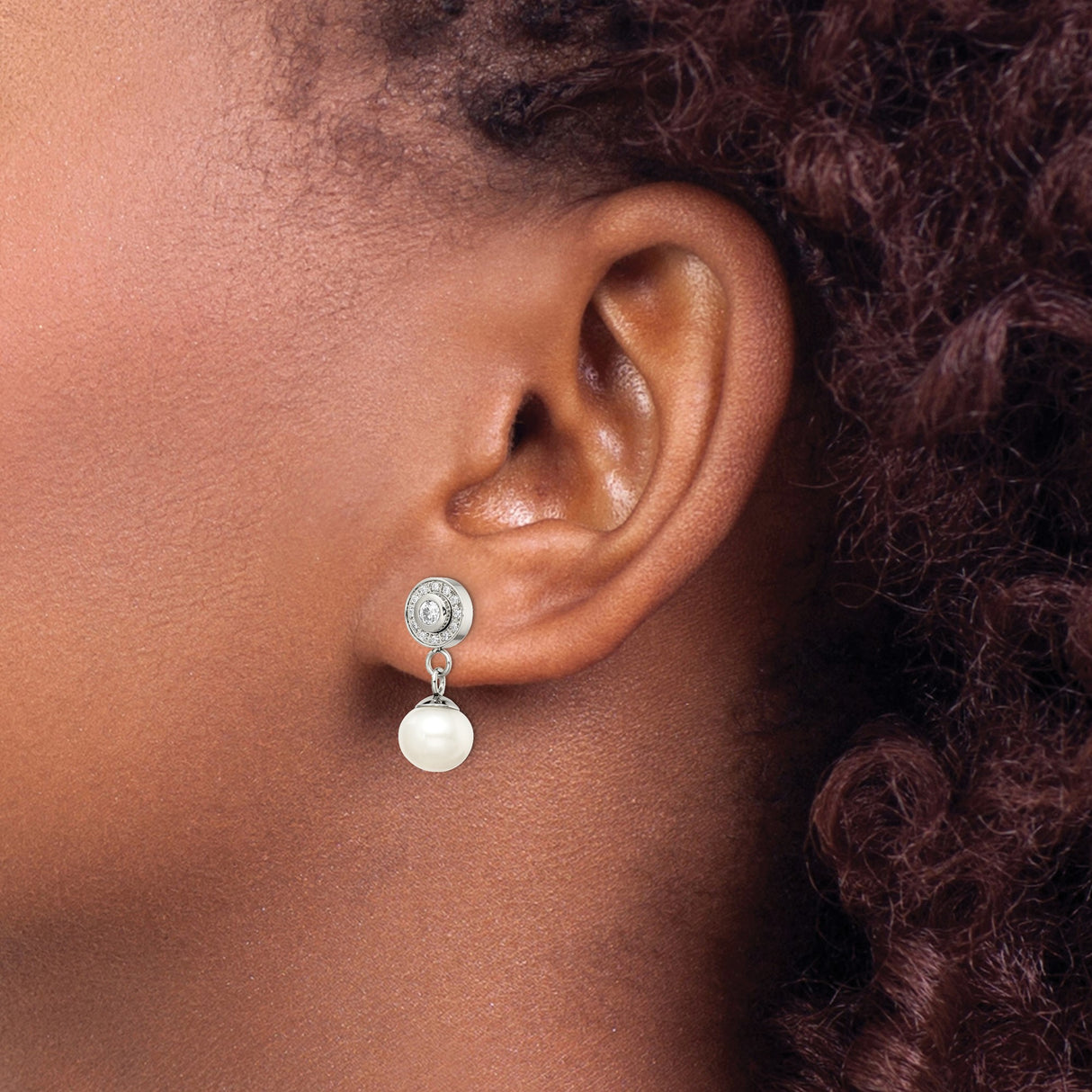Stainless Steel Drop Earrings with Cubic Zirconia and White Pearls, Classic Bridal Style