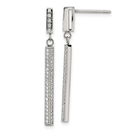 316 Stainless Steel Drop Earrings with Cubic Zirconia, Polished Rectangle Bar Design