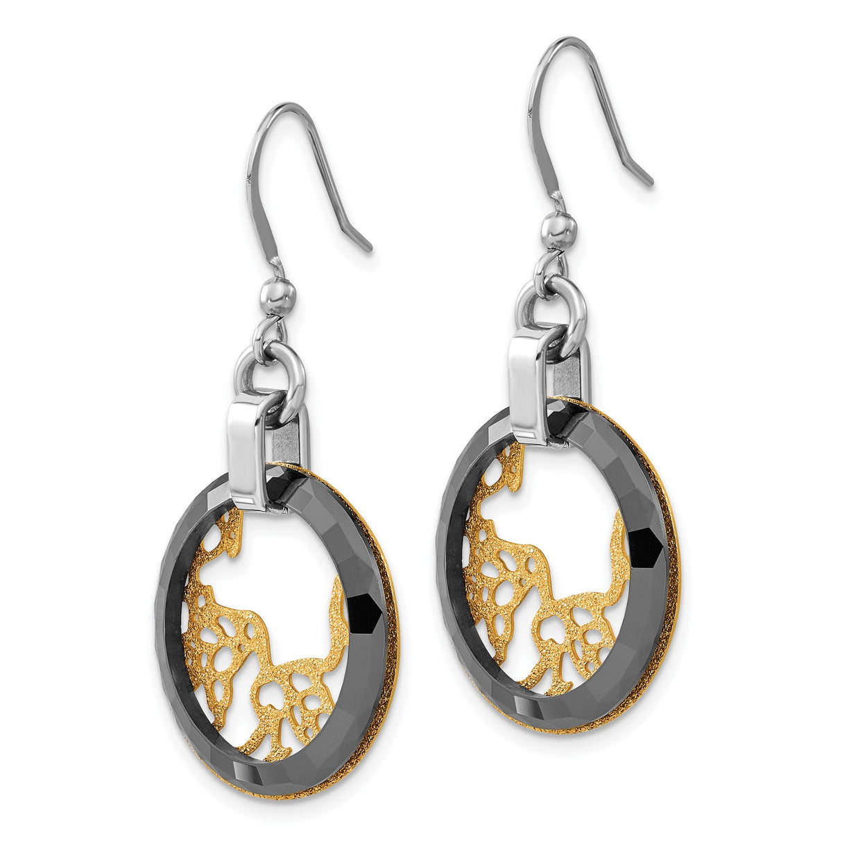 Stainless Steel Dangle Earrings with Faceted Black Ring and Coral Reef Pattern