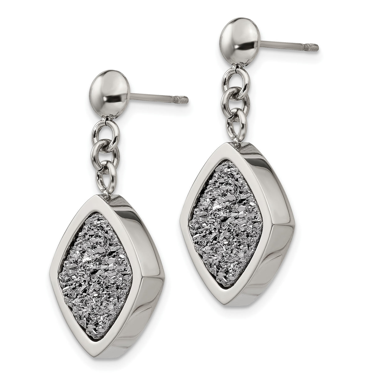 Stainless Steel Dangle Earrings with Cushion Shape Drop and Textured Glitter Center