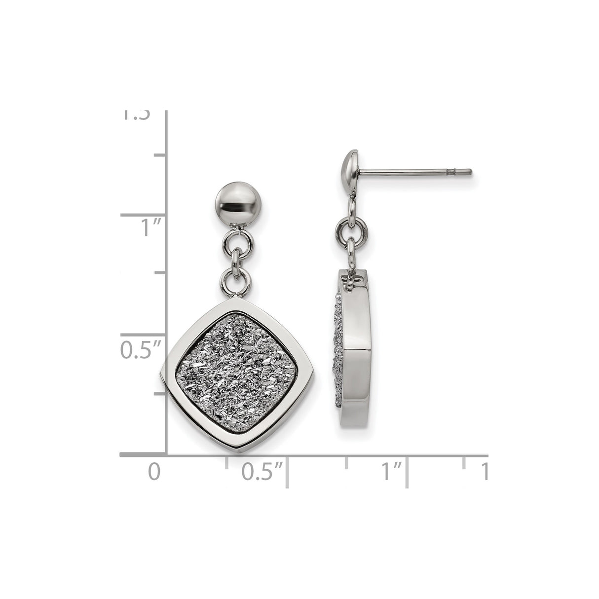 Stainless Steel Dangle Earrings with Cushion Shape Drop and Textured Glitter Center