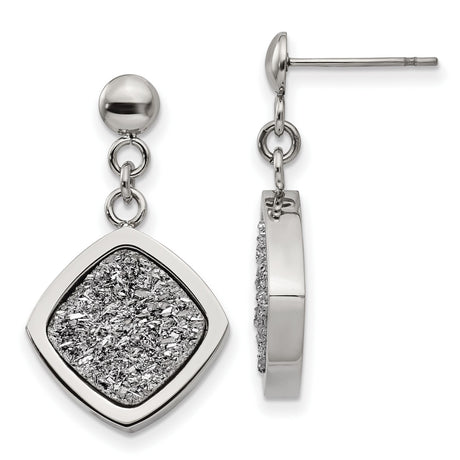 Stainless Steel Dangle Earrings with Cushion Shape Drop and Textured Glitter Center