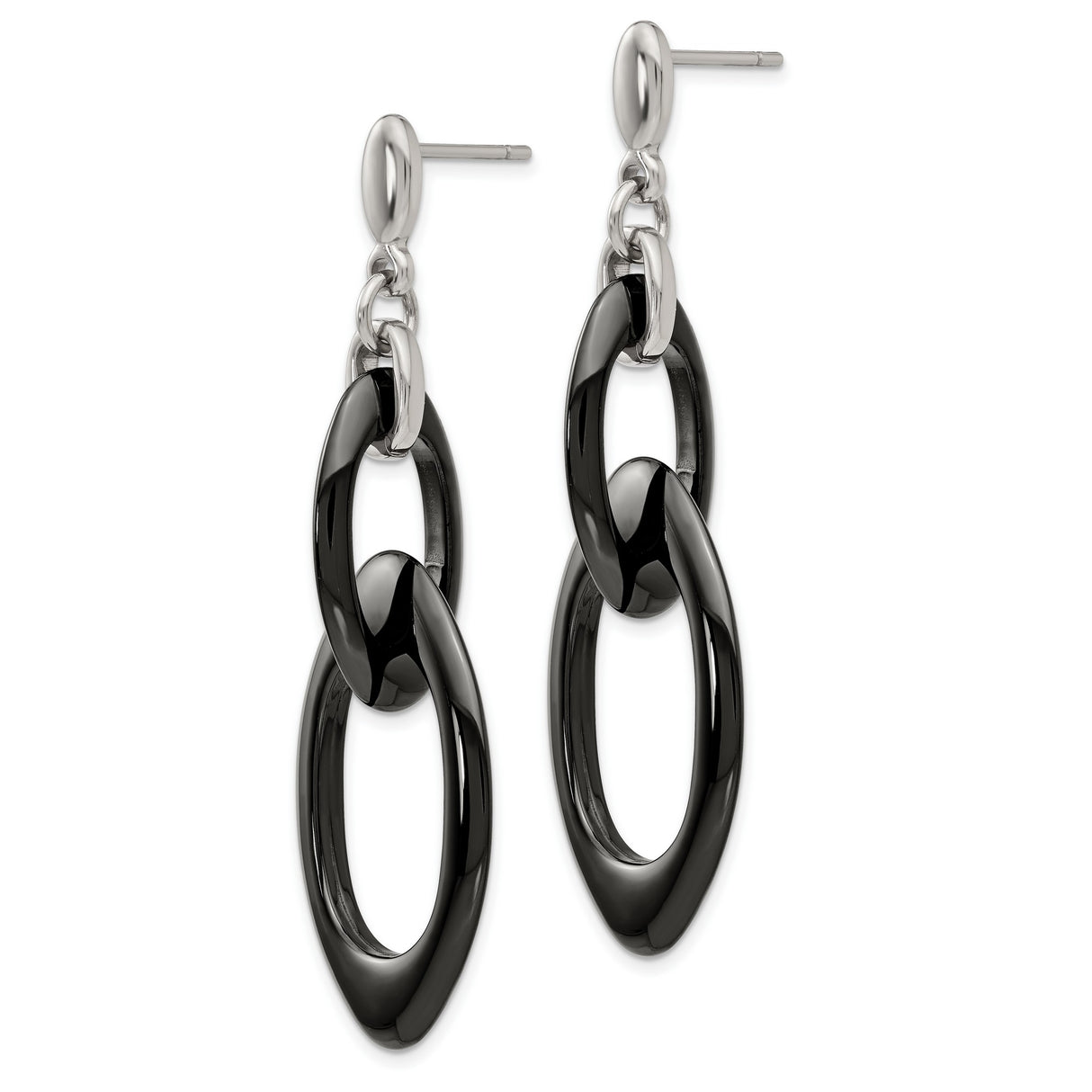 Stainless Steel Dangle Earrings with Interlocking Black and Silver Oval Links, Modern Geometric Style
