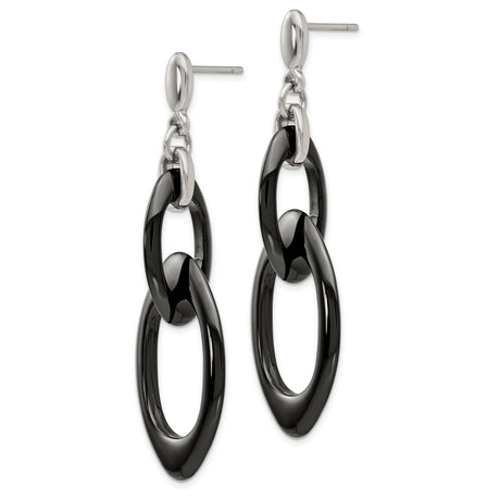 Stainless Steel Dangle Earrings with Interlocking Black and Silver Oval Links, Modern Geometric Style