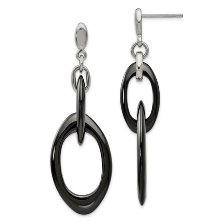 Stainless Steel Dangle Earrings with Interlocking Black and Silver Oval Links, Modern Geometric Style