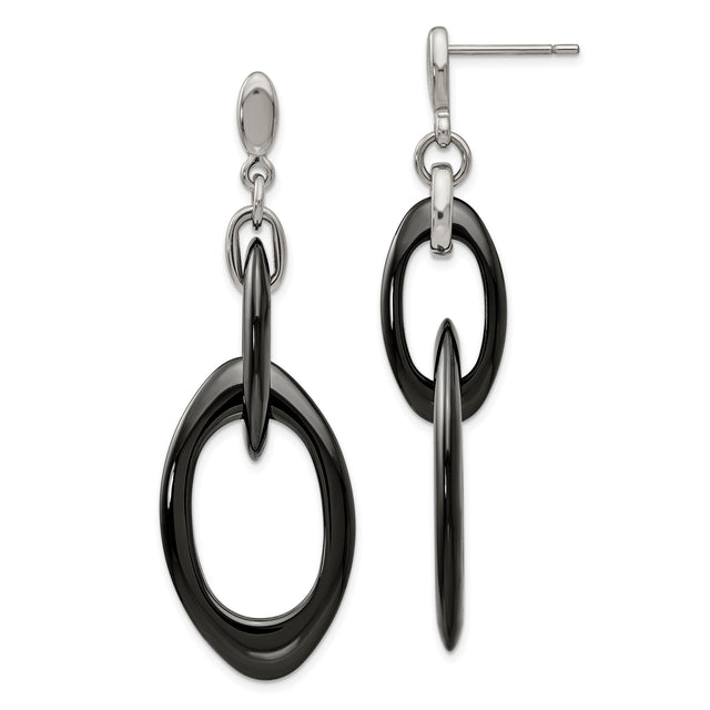 Stainless Steel Dangle Earrings with Interlocking Black and Silver Oval Links, Modern Geometric Style