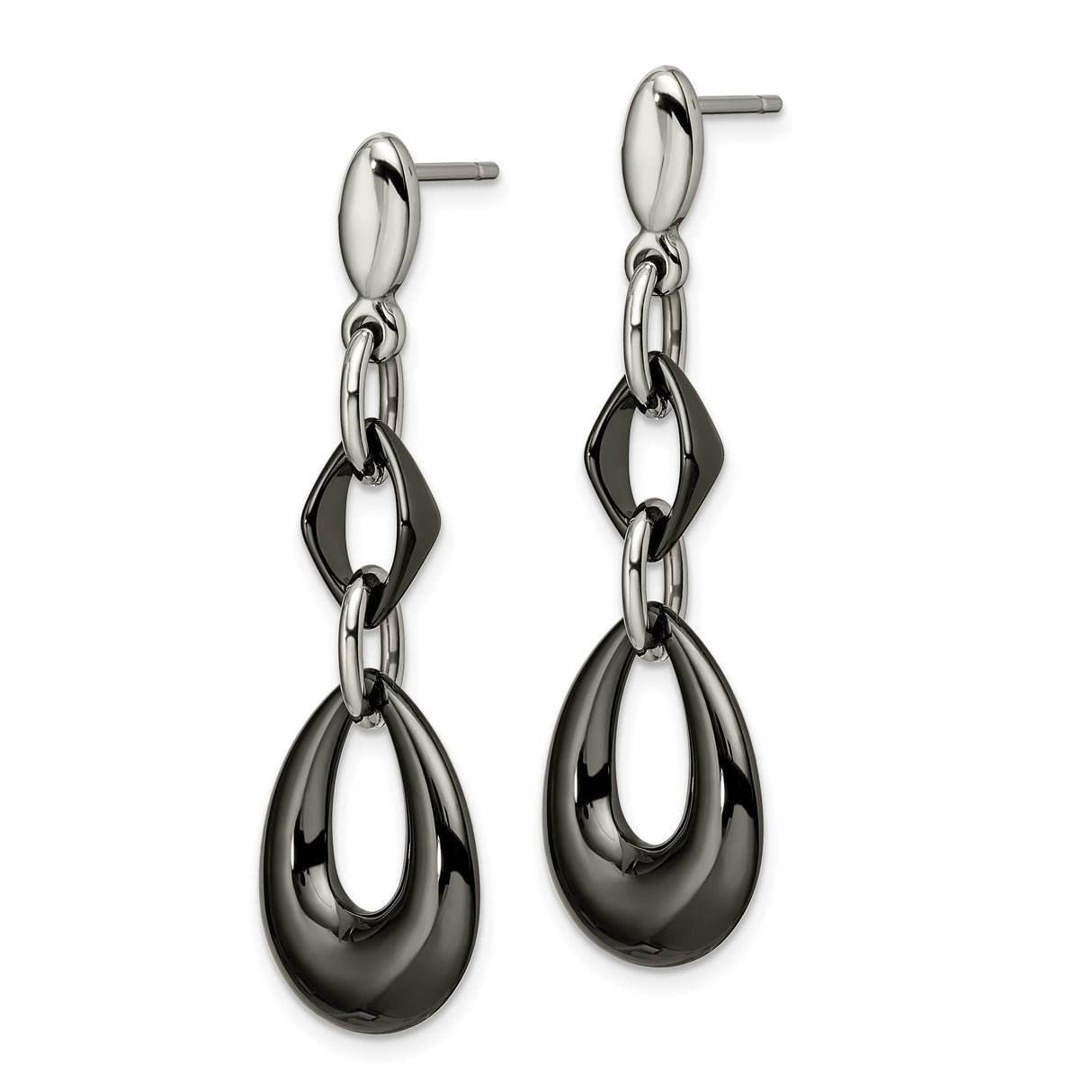 Stainless Steel Drop Earrings, Geometric Dangle Design with Black Accents, Linked Oval and Teardrop Shapes