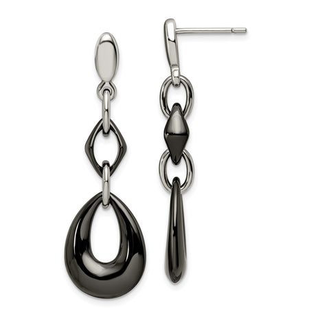 Stainless Steel Drop Earrings, Geometric Dangle Design with Black Accents, Linked Oval and Teardrop Shapes
