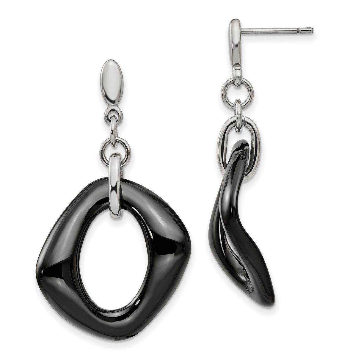 Stainless Steel Drop Earrings, Abstract Asymmetrical Black Open Hoop, Modern Minimalist Style